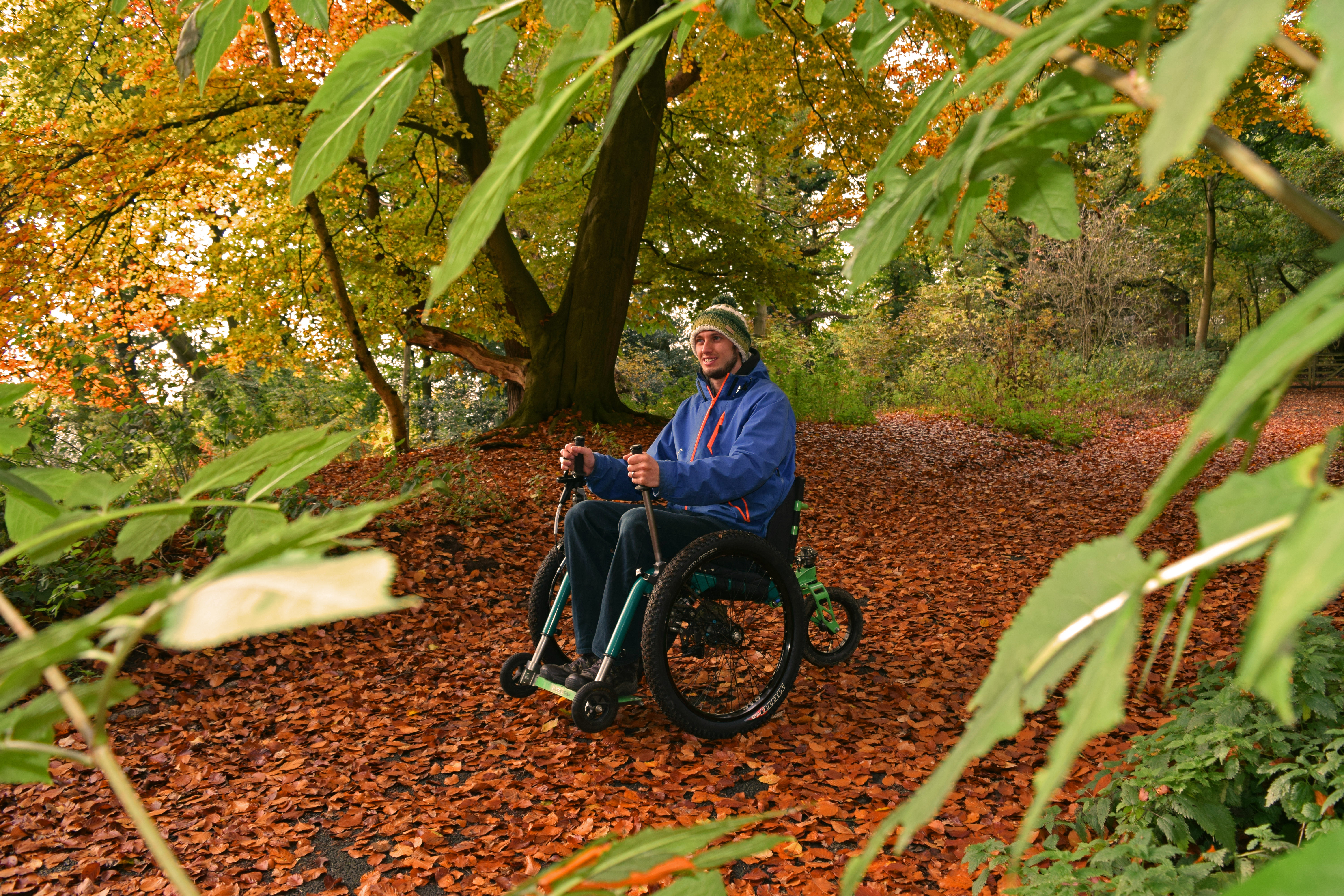 Autumn riding fun with Mountain Trike all terrain wheelchair