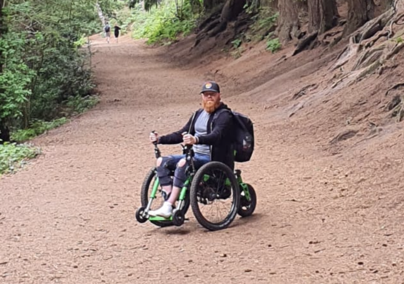 An easy fit - the eKit adds power to the Mountain Trike all terrain wheelchair 