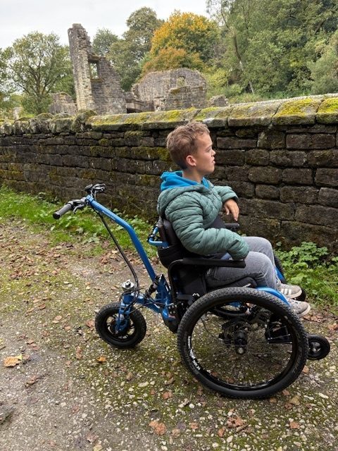 Adult sat in an all terrain wheelchair on a stoney path in front of a stone wall