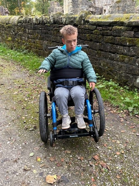 Adult in wheelchair on a path in front of a stone wall
